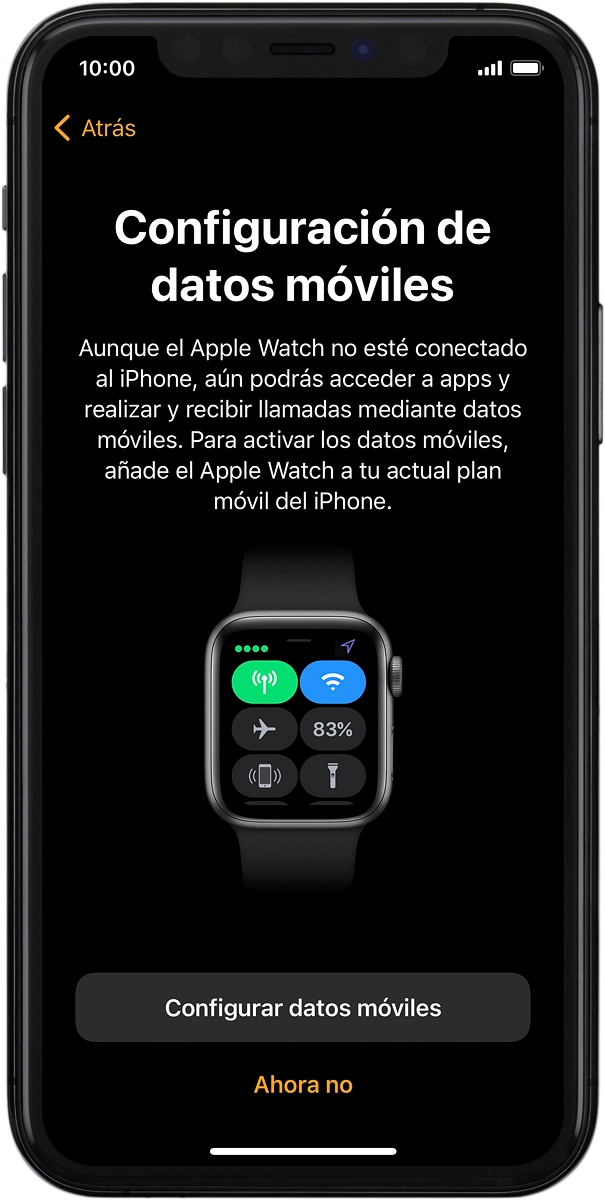 En el teléfono: Sigue las indicaciones de la pantalla para configurar los datos móviles en el Apple Watch o pulsa Ahora no.