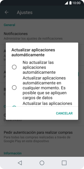 Para desactivar la actualización automática de apps, pulsa No actualizar las aplicaciones automáticamente. Para desactivar la actualización automática de apps, pulsa No actualizar las aplicaciones automáticamente.