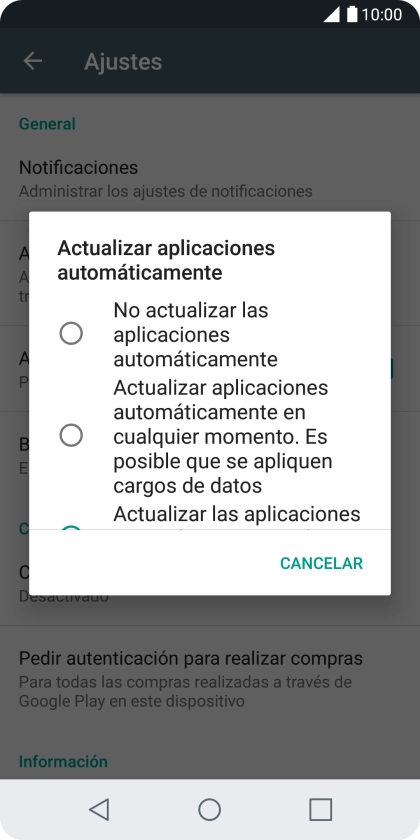 Para desactivar la actualización automática de apps, pulsa No actualizar las aplicaciones automáticamente. Para desactivar la actualización automática de apps, pulsa No actualizar las aplicaciones automáticamente.