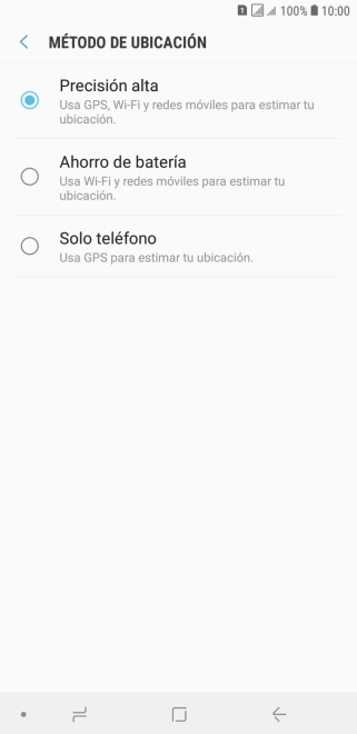 Si seleccionas Precisión alta, el teléfono podrá encontrar tu posición exacta con ayuda de los satélites GPS, la red móvil y una red wifi cercana. El GPS por satélite requiere vista libre al cielo. Si seleccionas Precisión alta, el teléfono podrá encontrar tu posición exacta con ayuda de los satélites GPS, la red móvil y una red wifi cercana. El GPS por satélite requiere vista libre al cielo.