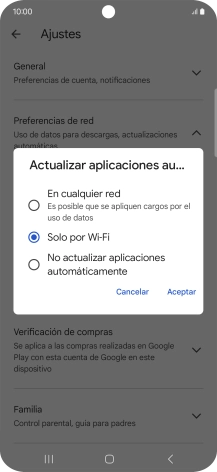 Para activar la actualización automática de apps utilizando la red móvil, pulsa En cualquier red. Para activar la actualización automática de apps utilizando la red móvil, pulsa En cualquier red.