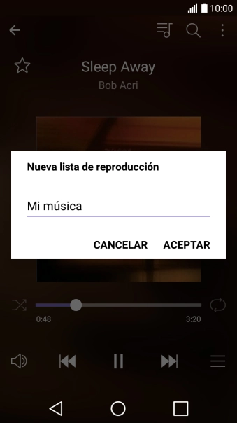 Introduce el nombre deseado de la lista de reproducción y pulsa ACEPTAR. Introduce el nombre deseado de la lista de reproducción y pulsa ACEPTAR.