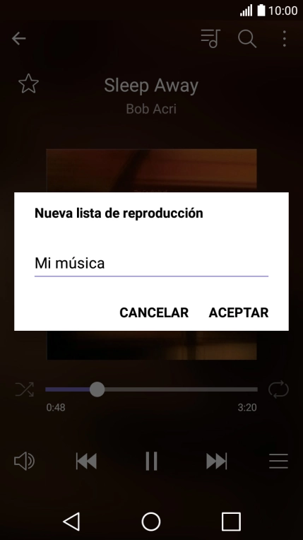Introduce el nombre deseado de la lista de reproducción y pulsa ACEPTAR. Introduce el nombre deseado de la lista de reproducción y pulsa ACEPTAR.