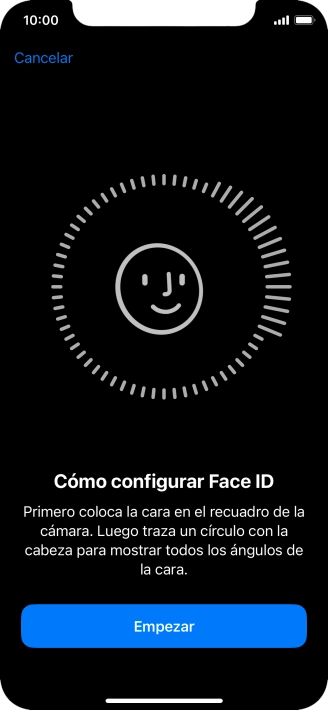 Pulsa Empezar y sigue las indicaciones de la pantalla para crear un código de seguridad con la función de reconocimiento facial (Face ID). Pulsa Empezar y sigue las indicaciones de la pantalla para crear un código de seguridad con la función de reconocimiento facial (Face ID).