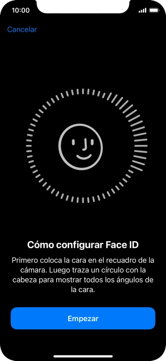 Pulsa Empezar y sigue las indicaciones de la pantalla para crear un código de seguridad con la función de reconocimiento facial (Face ID). Pulsa Empezar y sigue las indicaciones de la pantalla para crear un código de seguridad con la función de reconocimiento facial (Face ID).