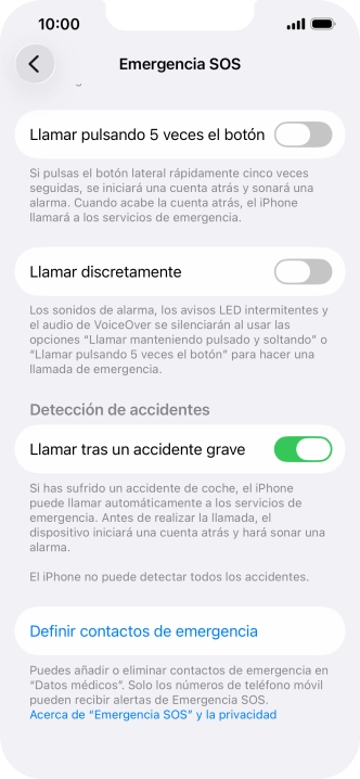 Pulsa Definir contactos de emergencia y sigue las indicaciones de la pantalla para insertar la información y tus contactos de emergencia. Pulsa Definir contactos de emergencia y sigue las indicaciones de la pantalla para insertar la información y tus contactos de emergencia.