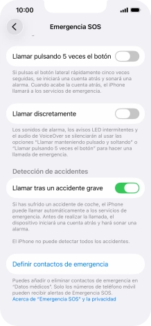 Pulsa Definir contactos de emergencia y sigue las indicaciones de la pantalla para insertar la información y tus contactos de emergencia. Pulsa Definir contactos de emergencia y sigue las indicaciones de la pantalla para insertar la información y tus contactos de emergencia.
