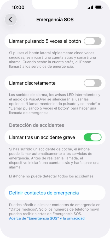 Pulsa Definir contactos de emergencia y sigue las indicaciones de la pantalla para insertar la información y tus contactos de emergencia. Pulsa Definir contactos de emergencia y sigue las indicaciones de la pantalla para insertar la información y tus contactos de emergencia.
