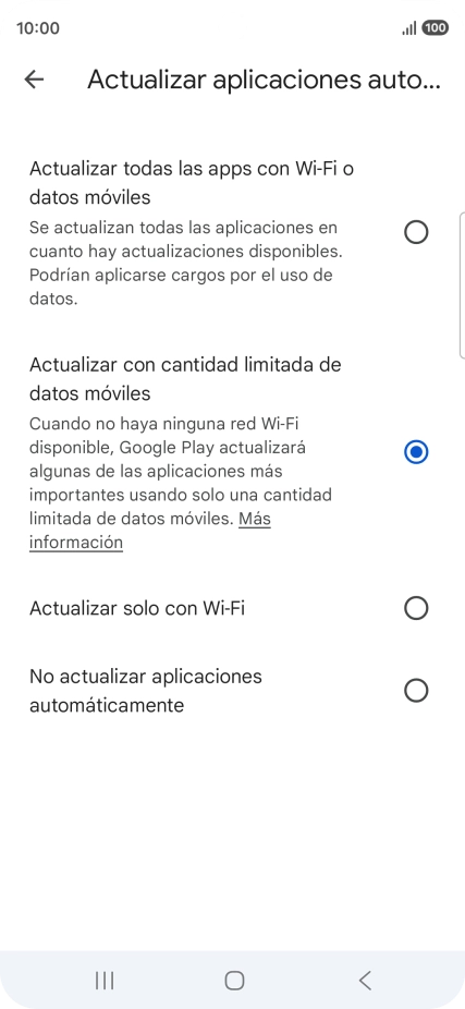 Para activar la actualización automática de apps utilizando la red móvil, pulsa Actualizar todas las apps con Wi-Fi o datos móviles.