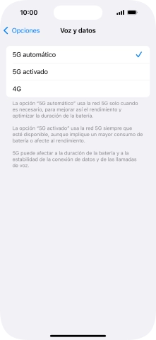 Si deseas activar el cambio automático entre una red 5G y 4G, pulsa 5G automático. Si deseas activar el cambio automático entre una red 5G y 4G, pulsa 5G automático.