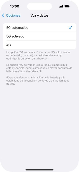 Si deseas activar el cambio automático entre una red 5G y 4G, pulsa 5G automático. Si deseas activar el cambio automático entre una red 5G y 4G, pulsa 5G automático.