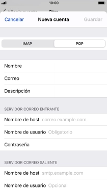 Pulsa Nombre de host e introduce el nombre del servidor de correo de entrada de tu proveedor de correo electrónico. Pulsa Nombre de host e introduce el nombre del servidor de correo de entrada de tu proveedor de correo electrónico.