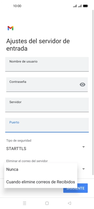 Pulsa Nunca para conservar los correos electrónicos en el servidor cuando los borras del teléfono. Pulsa Nunca para conservar los correos electrónicos en el servidor cuando los borras del teléfono.