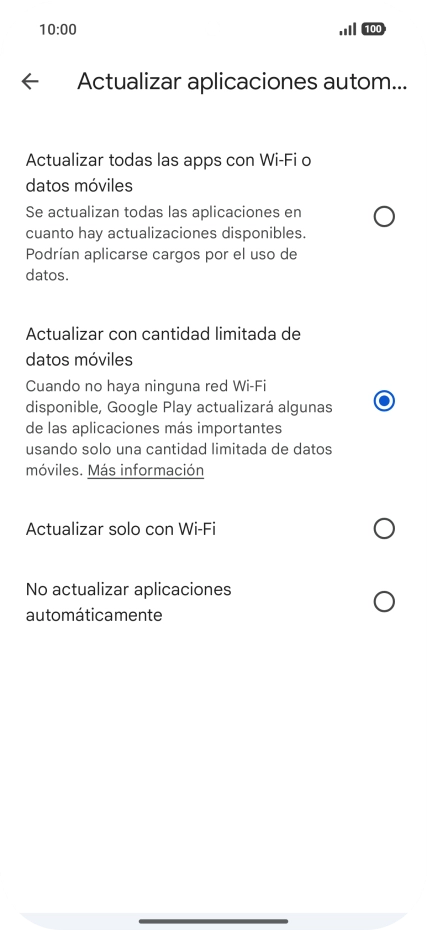 Para activar la actualización automática de apps a través de la red móvil, pulsa el campo junto a Para activar la actualización automática de apps a través de la red móvil, pulsa el campo junto a
