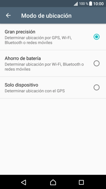 Si seleccionas Gran precisión, el teléfono podrá encontrar tu posición exacta con ayuda de los satélites GPS, la red móvil y una red wifi cercana. El GPS por satélite requiere vista libre al cielo. Si seleccionas Gran precisión, el teléfono podrá encontrar tu posición exacta con ayuda de los satélites GPS, la red móvil y una red wifi cercana. El GPS por satélite requiere vista libre al cielo.