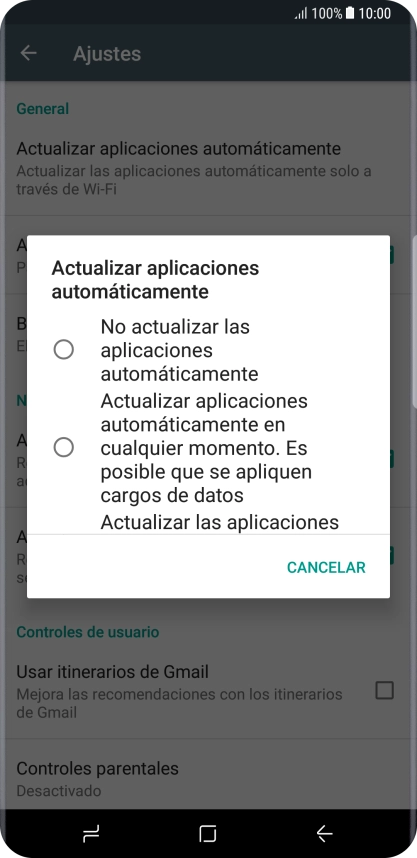 Pulsa No actualizar las aplicaciones automáticamente para desactivar la función. Pulsa No actualizar las aplicaciones automáticamente para desactivar la función.