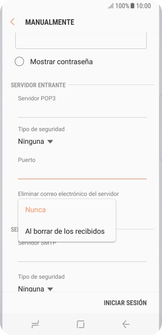 Pulsa Nunca para conservar los correos electrónicos en el servidor cuando los borras del teléfono. Pulsa Nunca para conservar los correos electrónicos en el servidor cuando los borras del teléfono.