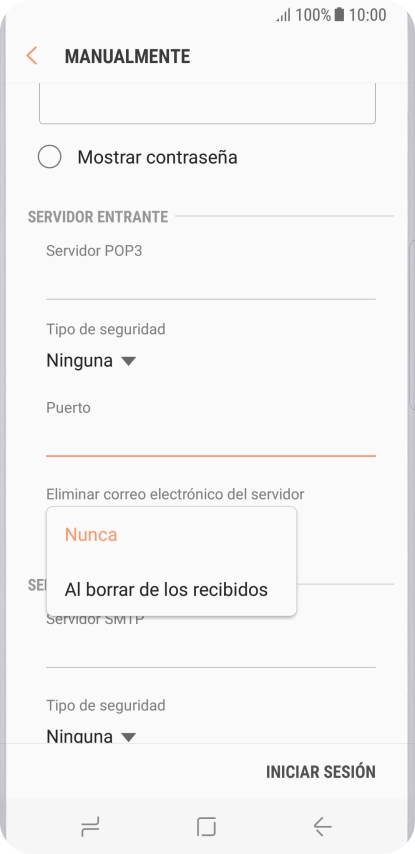 Pulsa Nunca para conservar los correos electrónicos en el servidor cuando los borras del teléfono. Pulsa Nunca para conservar los correos electrónicos en el servidor cuando los borras del teléfono.