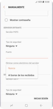 Pulsa Nunca para conservar los correos electrónicos en el servidor cuando los borras del teléfono. Pulsa Nunca para conservar los correos electrónicos en el servidor cuando los borras del teléfono.