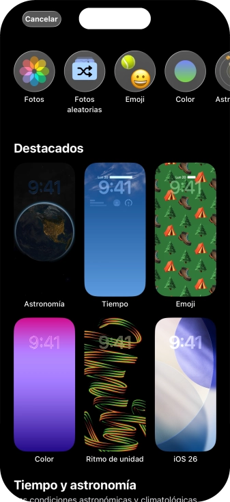 Pulsa una categoría y sigue las indicaciones de la pantalla para seleccionar la imagen de fondo deseada. Pulsa una categoría y sigue las indicaciones de la pantalla para seleccionar la imagen de fondo deseada.