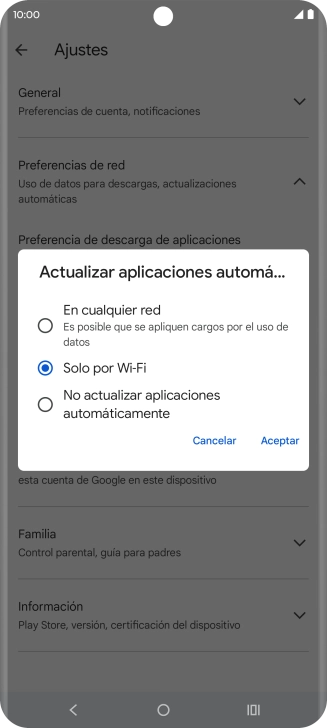 Para activar la actualización automática de apps utilizando la red móvil, pulsa En cualquier red.