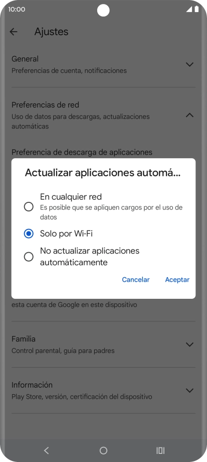 Para activar la actualización automática de apps utilizando la red móvil, pulsa En cualquier red.