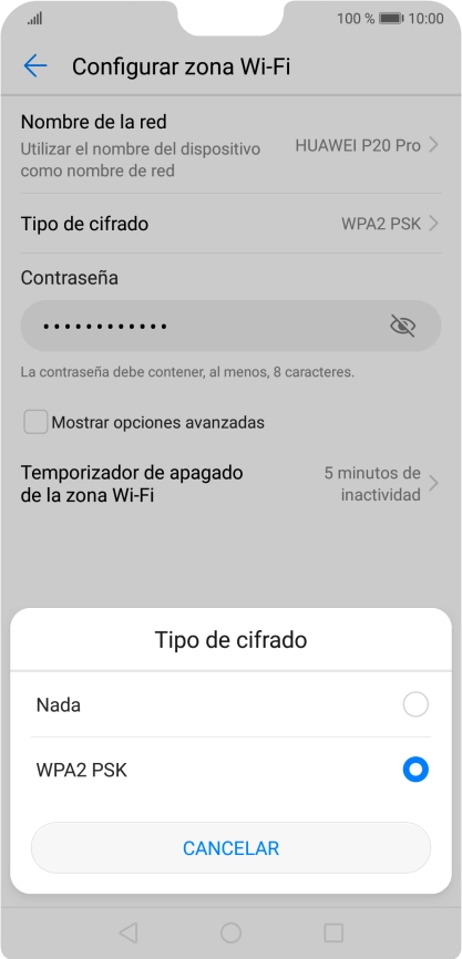 Pulsa WPA2 PSK para proteger la conexión wifi con una contraseña.