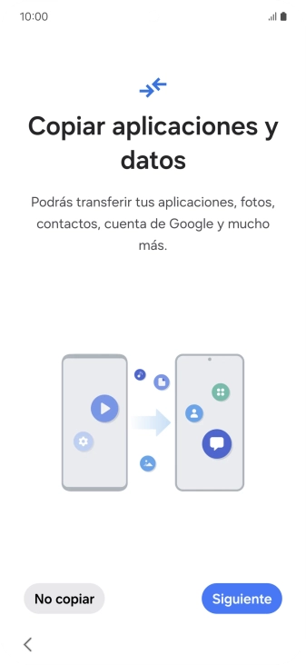 Puedes transferir el contenido de otro teléfono cuando activas tu teléfono por primera vez y cuando lo has restablecido. Cuando aparezca en la pantalla del teléfono esta imagen, ya está listo para la transmisión del contenido del otro teléfono. Puedes transferir el contenido de otro teléfono cuando activas tu teléfono por primera vez y cuando lo has restablecido. Cuando aparezca en la pantalla del teléfono esta imagen, ya está listo para la transmisión del contenido del otro teléfono.