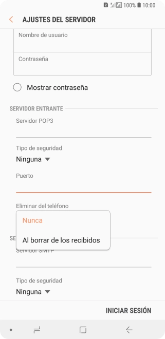 Pulsa Nunca para conservar los correos electrónicos en el servidor cuando los borras del teléfono.