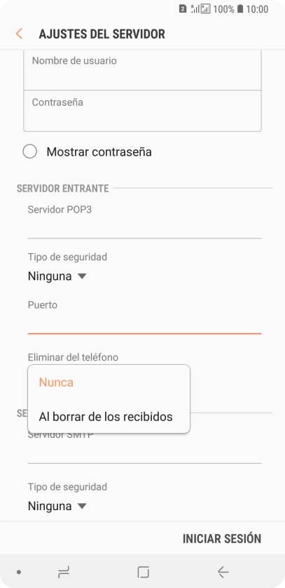 Pulsa Nunca para conservar los correos electrónicos en el servidor cuando los borras del teléfono.