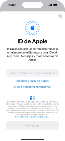 Si no tienes un ID de Apple, pulsa ¿No tienes un ID de Apple? y sigue las indicaciones de la pantalla para ver cómo crear un ID de Apple. Si no tienes un ID de Apple, pulsa ¿No tienes un ID de Apple? y sigue las indicaciones de la pantalla para ver cómo crear un ID de Apple.