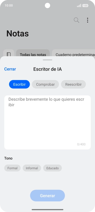 Pulsa en el campo de escritura e introduce el texto deseado, un tema o algunas palabras clave.