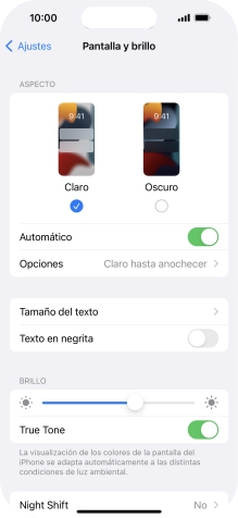 Si activas la función, pulsa Opciones y sigue las indicaciones de la pantalla para seleccionar el período de tiempo que debe durar el Modo Oscuro. Si activas la función, pulsa Opciones y sigue las indicaciones de la pantalla para seleccionar el período de tiempo que debe durar el Modo Oscuro.
