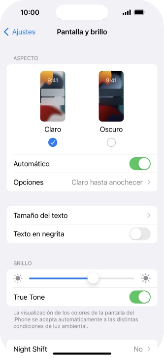 Si activas la función, pulsa Opciones y sigue las indicaciones de la pantalla para seleccionar el período de tiempo que debe durar el Modo Oscuro. Si activas la función, pulsa Opciones y sigue las indicaciones de la pantalla para seleccionar el período de tiempo que debe durar el Modo Oscuro.