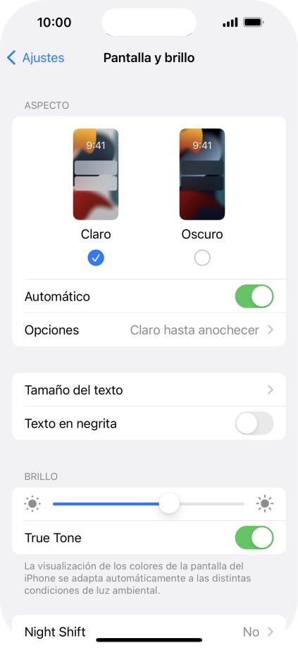 Si activas la función, pulsa Opciones y sigue las indicaciones de la pantalla para seleccionar el período de tiempo que debe durar el Modo Oscuro. Si activas la función, pulsa Opciones y sigue las indicaciones de la pantalla para seleccionar el período de tiempo que debe durar el Modo Oscuro.