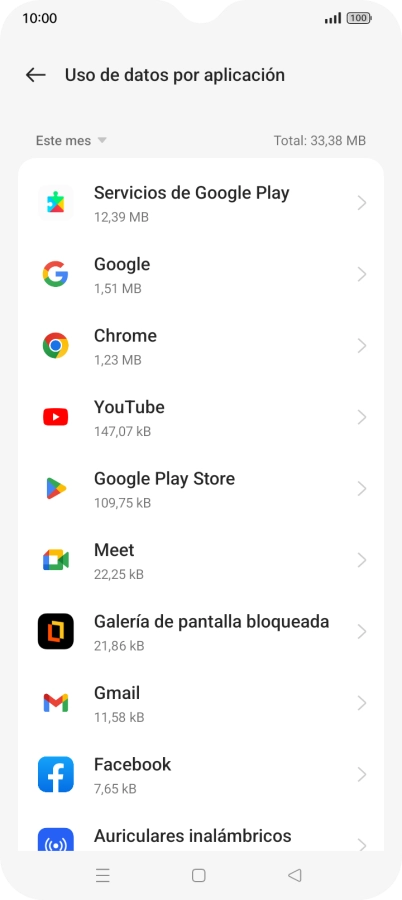 El consumo de datos por cada aplicación aparece bajo el nombre de la aplicación.
