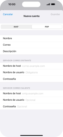 Pulsa Nombre de host e introduce el nombre del servidor de correo de entrada de tu proveedor de correo electrónico. Pulsa Nombre de host e introduce el nombre del servidor de correo de entrada de tu proveedor de correo electrónico.