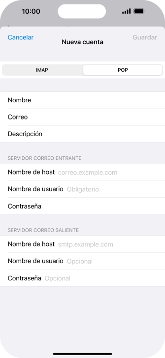 Pulsa Nombre de host e introduce el nombre del servidor de correo de entrada de tu proveedor de correo electrónico. Pulsa Nombre de host e introduce el nombre del servidor de correo de entrada de tu proveedor de correo electrónico.