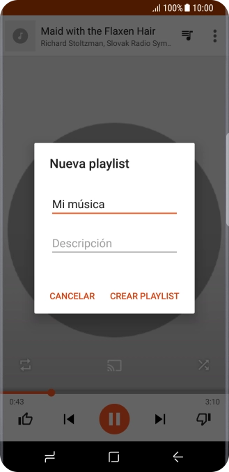 Introduce el nombre deseado de la lista de reproducción y pulsa CREAR PLAYLIST. Introduce el nombre deseado de la lista de reproducción y pulsa CREAR PLAYLIST.