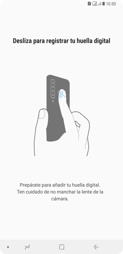 Sigue las indicaciones de la pantalla para crear una huella digital como código de seguridad. Sigue las indicaciones de la pantalla para crear una huella digital como código de seguridad.