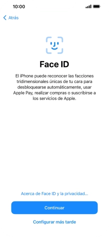 Sigue las indicaciones de la pantalla para activar el uso del reconocimiento facial (Face ID) o pulsa Configurar más tarde. Sigue las indicaciones de la pantalla para activar el uso del reconocimiento facial (Face ID) o pulsa Configurar más tarde.