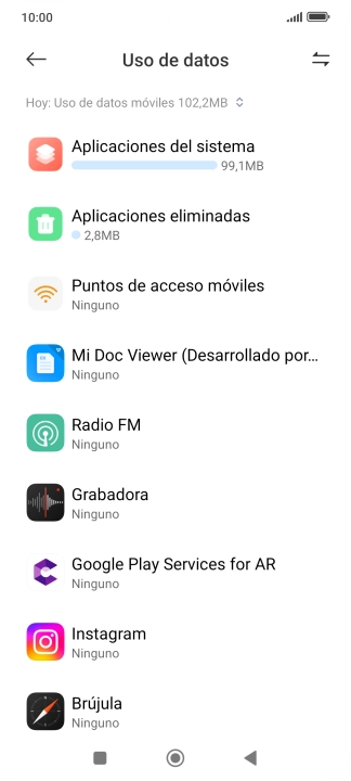 El consumo de datos por cada aplicación aparece bajo el nombre de la aplicación. El consumo de datos por cada aplicación aparece bajo el nombre de la aplicación.