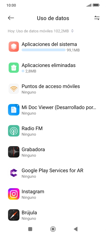 El consumo de datos por cada aplicación aparece bajo el nombre de la aplicación. El consumo de datos por cada aplicación aparece bajo el nombre de la aplicación.