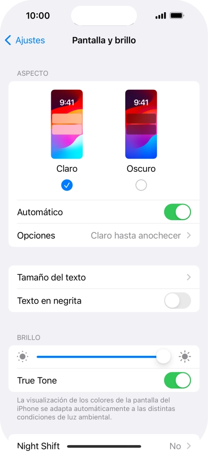 Si activas la función, pulsa Opciones y sigue las indicaciones de la pantalla para seleccionar el período de tiempo que debe durar el Modo Oscuro.
