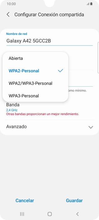 Pulsa WPA2-Personal para proteger la conexión Wi-Fi con una contraseña. Pulsa WPA2-Personal para proteger la conexión Wi-Fi con una contraseña.