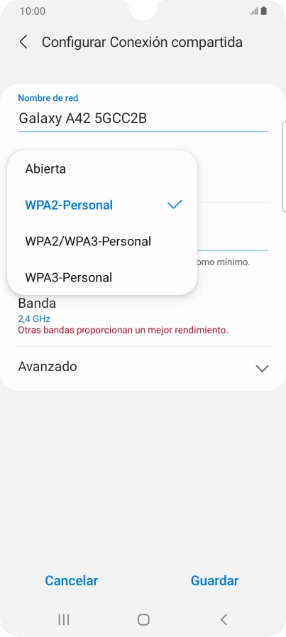 Pulsa WPA2-Personal para proteger la conexión Wi-Fi con una contraseña. Pulsa WPA2-Personal para proteger la conexión Wi-Fi con una contraseña.