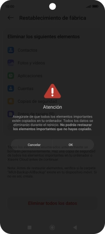 Pulsa OK. Espera unos instantes mientras el teléfono restablece la configuración predeterminada. Sigue las indicaciones de la pantalla para configurar el teléfono y dejarlo listo para su uso. Pulsa OK. Espera unos instantes mientras el teléfono restablece la configuración predeterminada. Sigue las indicaciones de la pantalla para configurar el teléfono y dejarlo listo para su uso.