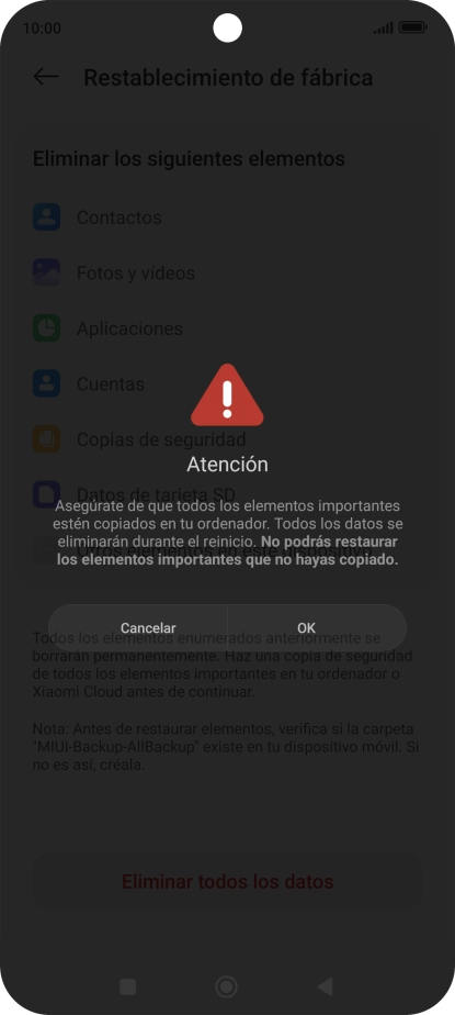 Pulsa OK. Espera unos instantes mientras el teléfono restablece la configuración predeterminada. Sigue las indicaciones de la pantalla para configurar el teléfono y dejarlo listo para su uso. Pulsa OK. Espera unos instantes mientras el teléfono restablece la configuración predeterminada. Sigue las indicaciones de la pantalla para configurar el teléfono y dejarlo listo para su uso.
