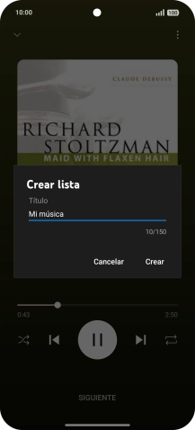 Introduce el nombre deseado de la lista de reproducción y pulsa Crear. Introduce el nombre deseado de la lista de reproducción y pulsa Crear.