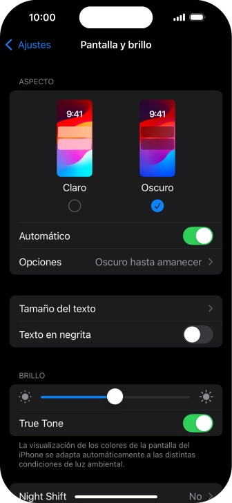 Si activas la función, pulsa Opciones y sigue las indicaciones de la pantalla para seleccionar el período de tiempo que debe durar el Modo Oscuro. Si activas la función, pulsa Opciones y sigue las indicaciones de la pantalla para seleccionar el período de tiempo que debe durar el Modo Oscuro.